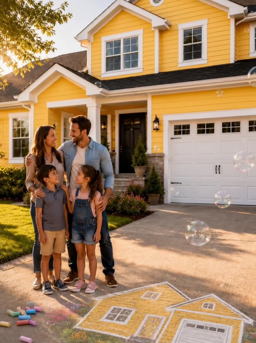 A family in front of their freshly painted home