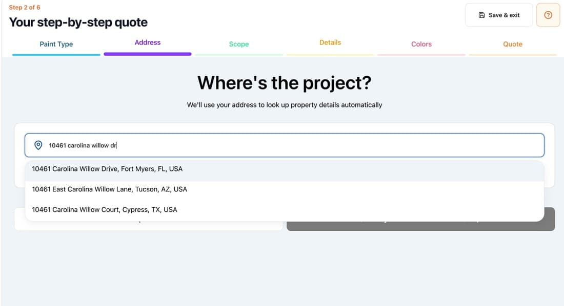 Rollur Estimator step 2: entering your address
