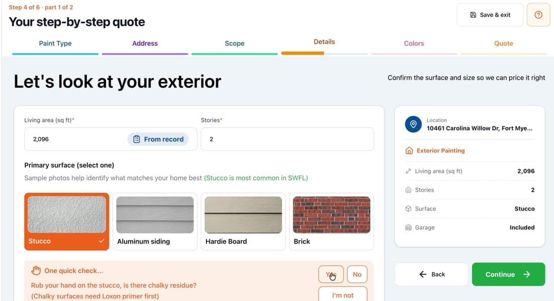 Rollur Estimator step 4: selecting your exterior surface and options
